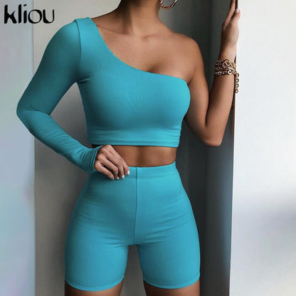 Solid Asymmetrical Two Piece One Shoulder Tracksuit Crop Tops+Elastic Bike Shorts Sporty Matching Suits Casual Outfit Set The Clothing Company Sydney