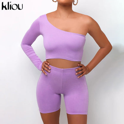 Solid Asymmetrical Two Piece One Shoulder Tracksuit Crop Tops+Elastic Bike Shorts Sporty Matching Suits Casual Outfit Set The Clothing Company Sydney