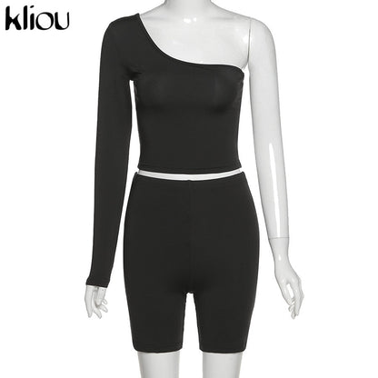 Solid Asymmetrical Two Piece One Shoulder Tracksuit Crop Tops+Elastic Bike Shorts Sporty Matching Suits Casual Outfit Set The Clothing Company Sydney