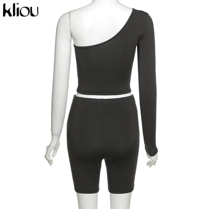 Solid Asymmetrical Two Piece One Shoulder Tracksuit Crop Tops+Elastic Bike Shorts Sporty Matching Suits Casual Outfit Set The Clothing Company Sydney