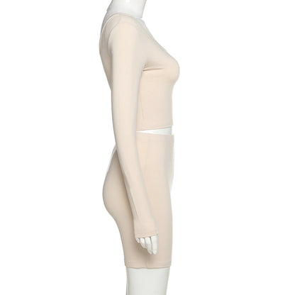 Solid Asymmetrical Two Piece One Shoulder Tracksuit Crop Tops+Elastic Bike Shorts Sporty Matching Suits Casual Outfit Set The Clothing Company Sydney