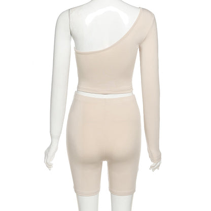 Solid Asymmetrical Two Piece One Shoulder Tracksuit Crop Tops+Elastic Bike Shorts Sporty Matching Suits Casual Outfit Set The Clothing Company Sydney
