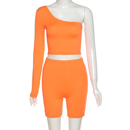 Solid Asymmetrical Two Piece One Shoulder Tracksuit Crop Tops+Elastic Bike Shorts Sporty Matching Suits Casual Outfit Set The Clothing Company Sydney