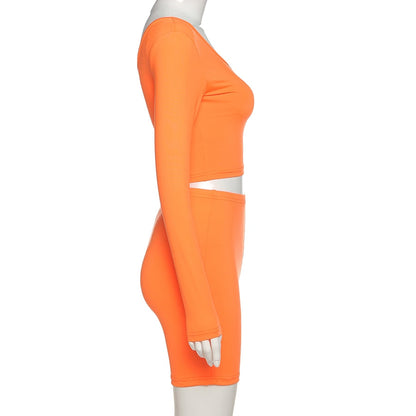 Solid Asymmetrical Two Piece One Shoulder Tracksuit Crop Tops+Elastic Bike Shorts Sporty Matching Suits Casual Outfit Set The Clothing Company Sydney