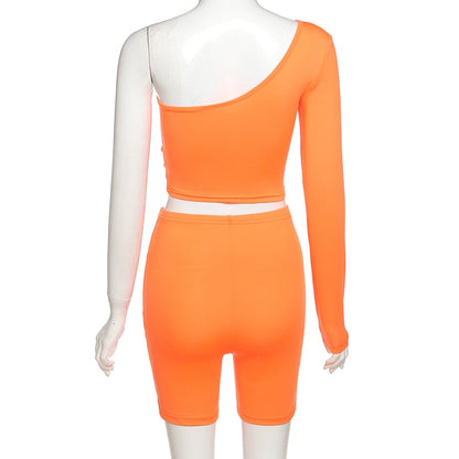 Solid Asymmetrical Two Piece One Shoulder Tracksuit Crop Tops+Elastic Bike Shorts Sporty Matching Suits Casual Outfit Set The Clothing Company Sydney