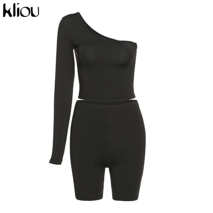 Solid Asymmetrical Two Piece One Shoulder Tracksuit Crop Tops+Elastic Bike Shorts Sporty Matching Suits Casual Outfit Set The Clothing Company Sydney