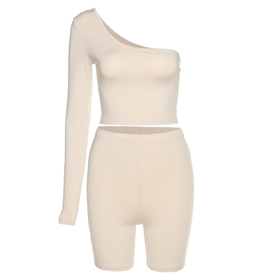Solid Asymmetrical Two Piece One Shoulder Tracksuit Crop Tops+Elastic Bike Shorts Sporty Matching Suits Casual Outfit Set The Clothing Company Sydney