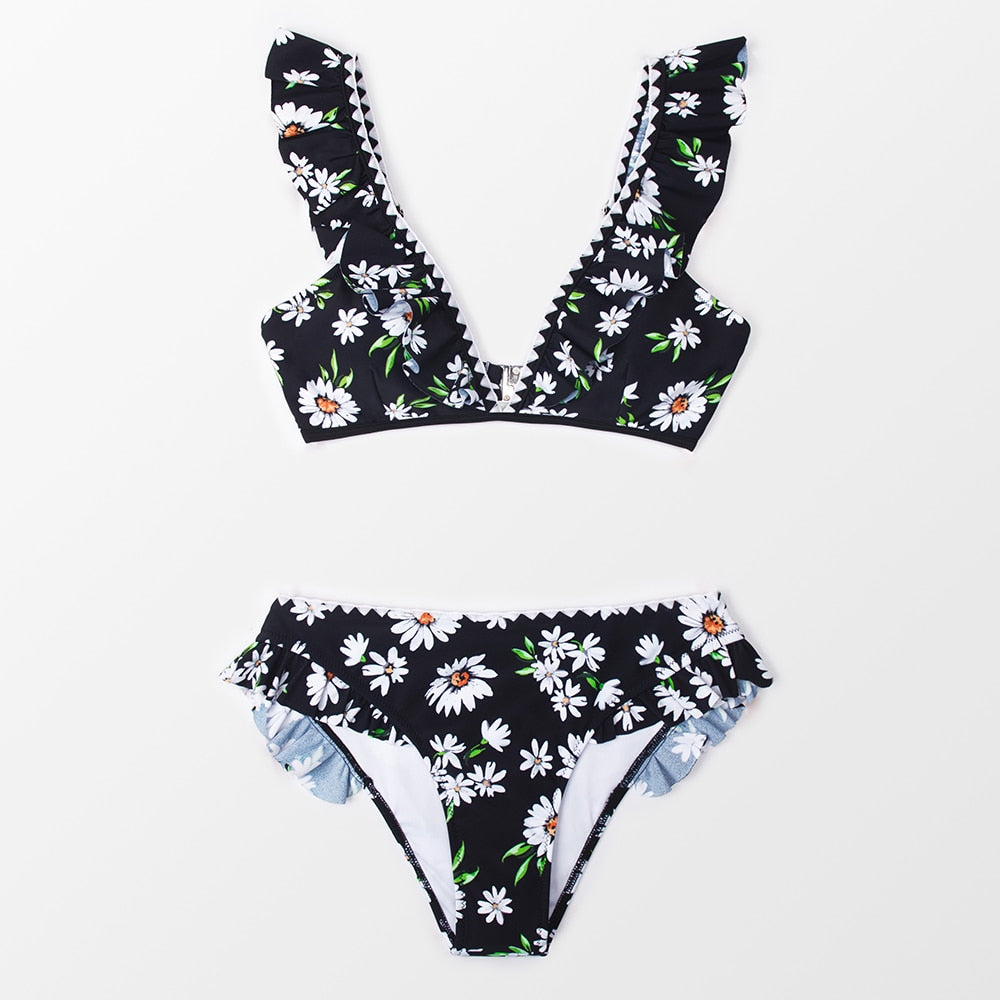 Black Floral Ruffled V-neck Bikini Sets Swimsuit Lace Up Two Pieces Swimwear Beach Bathing Suits The Clothing Company Sydney