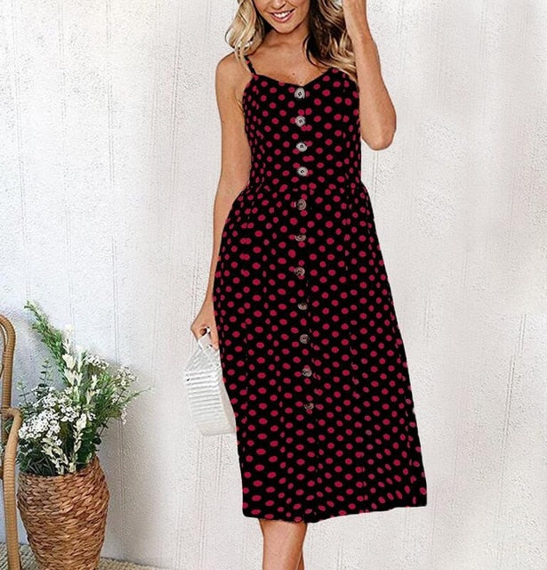 Vintage Casual Sundress Beach Midi Button Backless Polka Dot Striped Summer Boho Sexy Floral Dress The Clothing Company Sydney