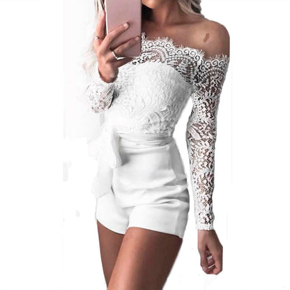 Fancy summer fall off shoulder playsuit jumpsuit long sleeve sheer lace patchwork hollow bandage skinny Outfit set The Clothing Company Sydney