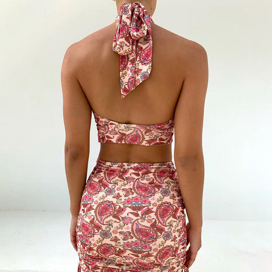 Summer Elegant Floral Print 2 Piece Halter Sleeveless Cross Tops+Stacked Drawstring Skirt Set The Clothing Company Sydney