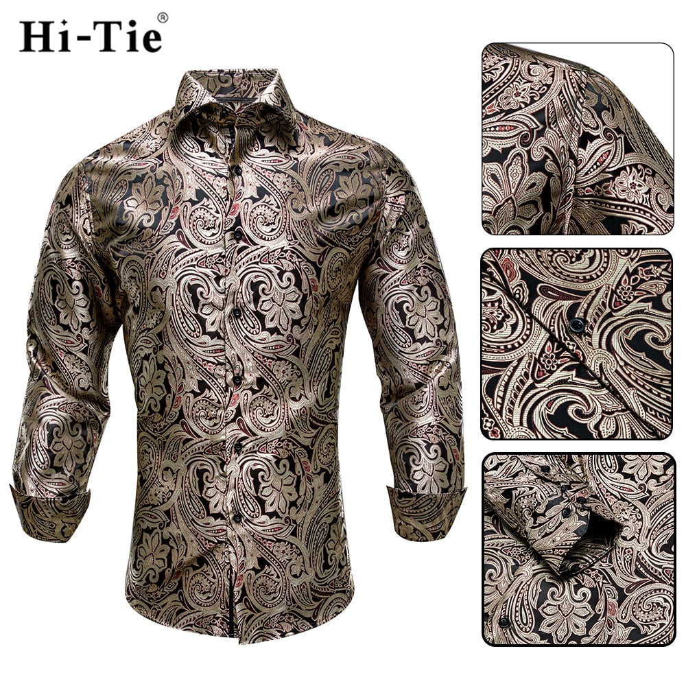 Blue Men's Shirts Paisley Floral Silk Gold Long Sleeve Casual Shirt Business Party Wedding Dress Shirt The Clothing Company Sydney