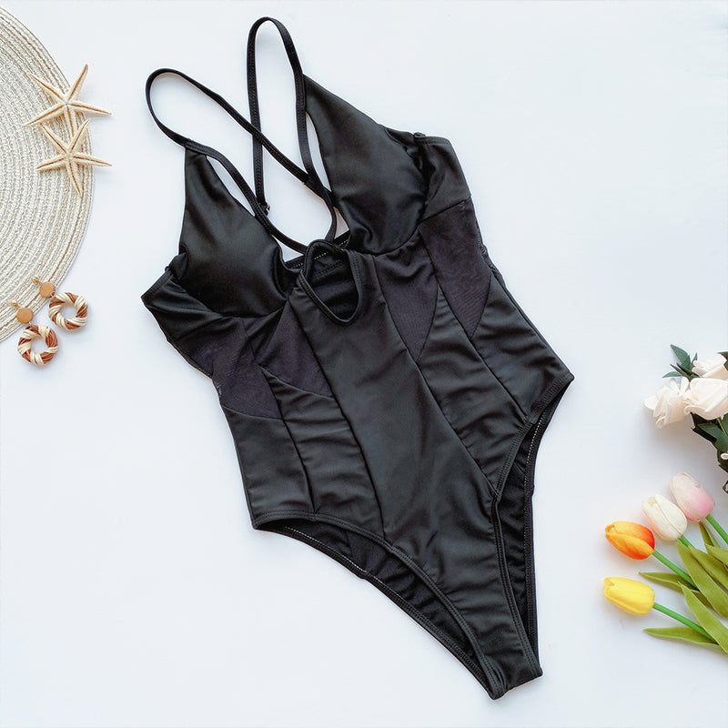 Black Mesh High Cut Swimwear One Piece Swimsuit Hollow Out Monokini see through Bathing Suit The Clothing Company Sydney