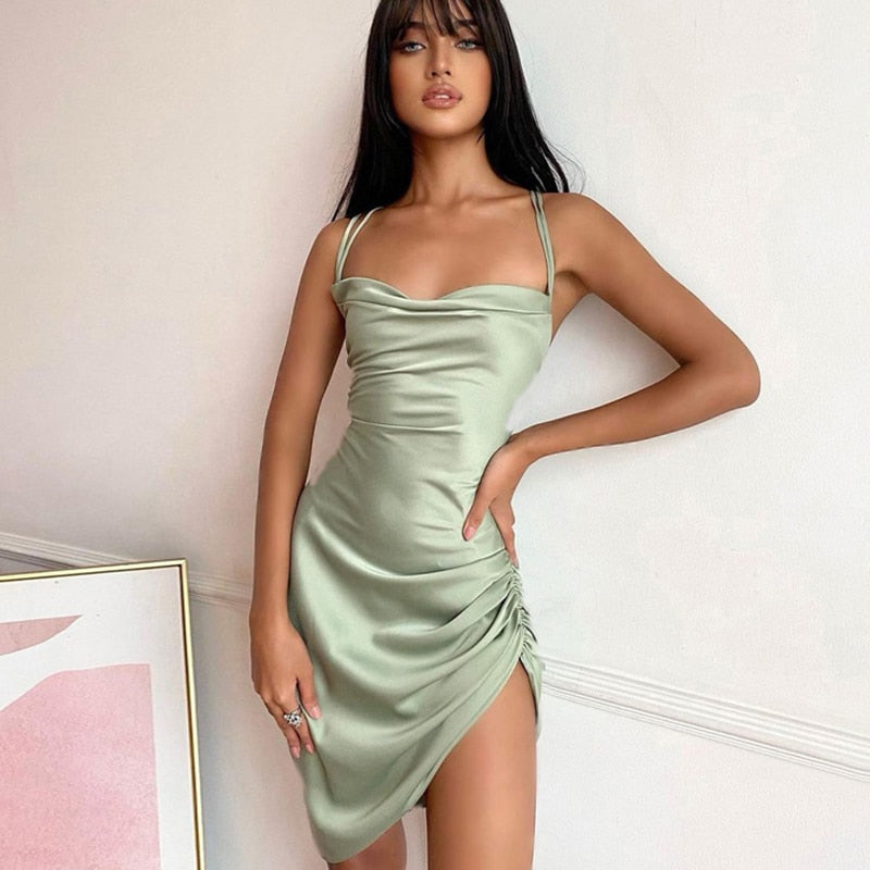 Satin Strap Mini Ruched Lace Up Cross Bandage Backless Bodycon Party Elegant Club Beach Slim Dress The Clothing Company Sydney