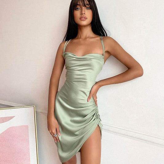 Satin Strap Mini Ruched Lace Up Cross Bandage Backless Bodycon Party Elegant Club Beach Slim Dress The Clothing Company Sydney