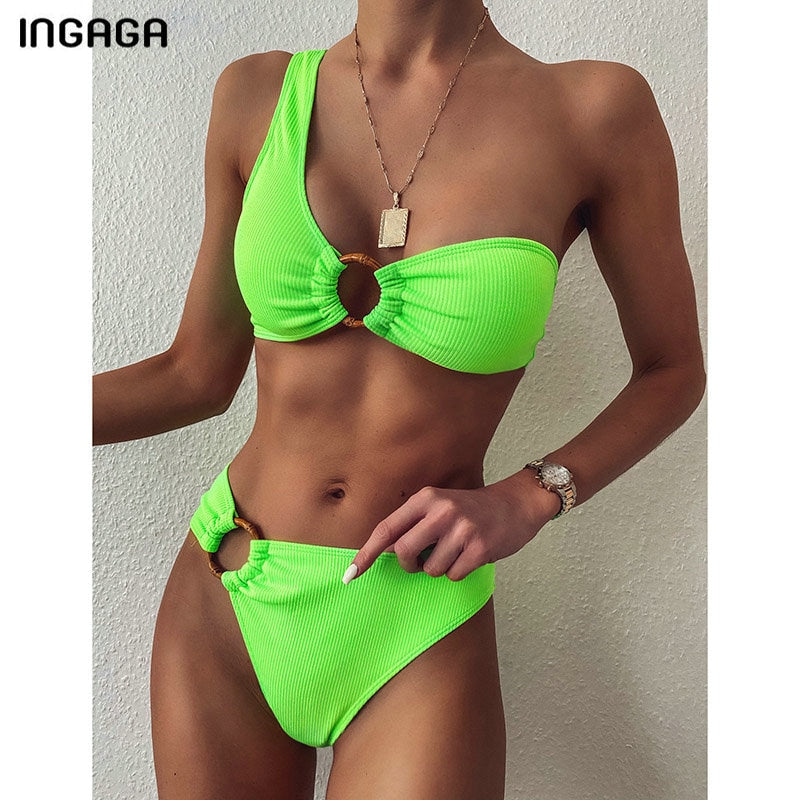 One Shoulder Bikini Swimsuit High Waist Swimwear Rings Black Ribbed Beachwear Brazilian Bikini Set The Clothing Company Sydney