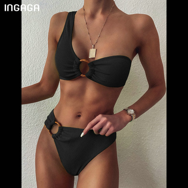 One Shoulder Bikini Swimsuit High Waist Swimwear Rings Black Ribbed Beachwear Brazilian Bikini Set The Clothing Company Sydney