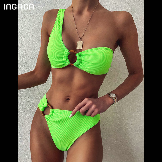 One Shoulder Bikini Swimsuit High Waist Swimwear Rings Black Ribbed Beachwear Brazilian Bikini Set The Clothing Company Sydney