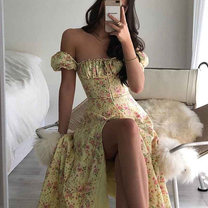 Summer Floral Print Party Long Dresses Puff Short Sleeve Elegant Club Chic Maxi Split Dresses The Clothing Company Sydney
