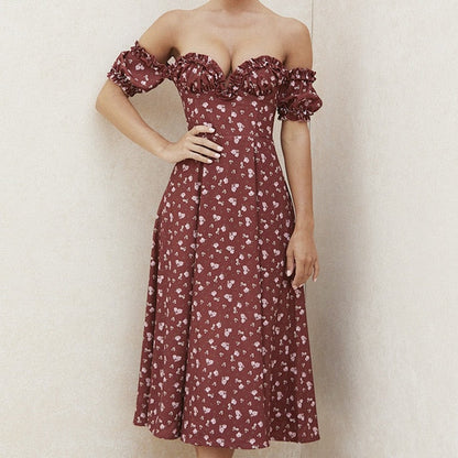 Summer Floral Print Party Long Dresses Puff Short Sleeve Elegant Club Chic Maxi Split Dresses The Clothing Company Sydney