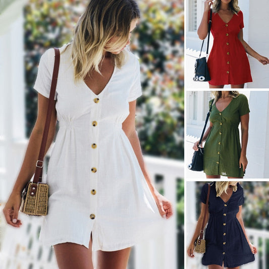 Spring/Summer Pure Color Single Row Buttons V-Neck Slim High Waist Casual Dress The Clothing Company Sydney