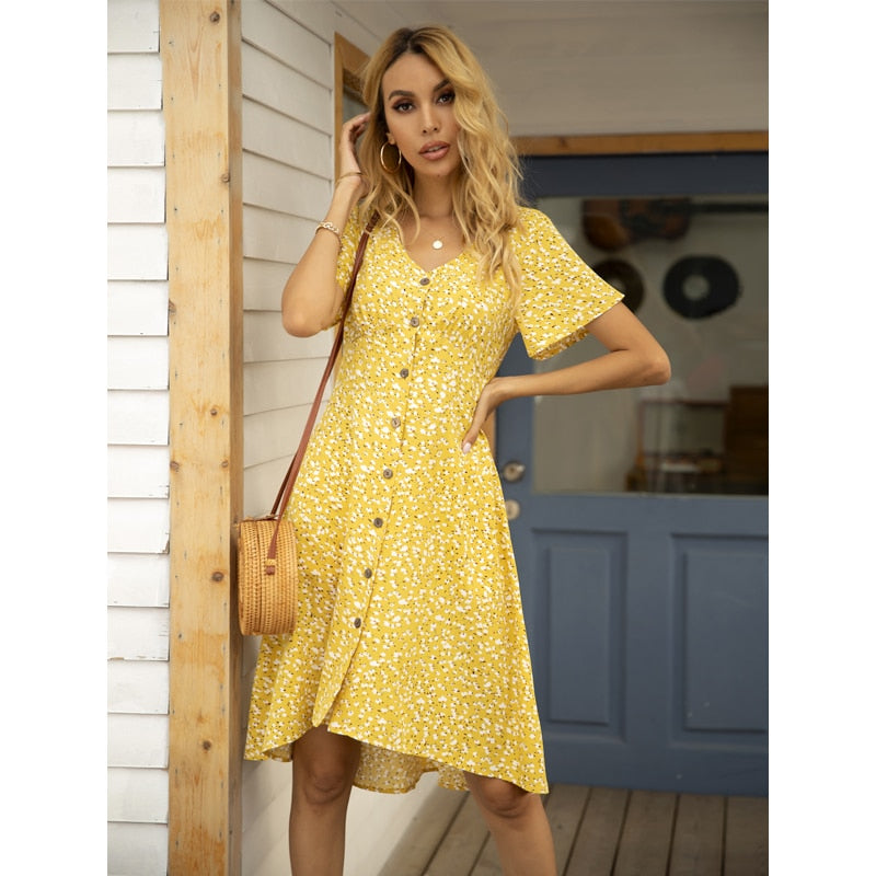 Summer Midi V-Neck Printed Single Row Buttons Irregular Slim High Waist Casual Holiday Dress The Clothing Company Sydney