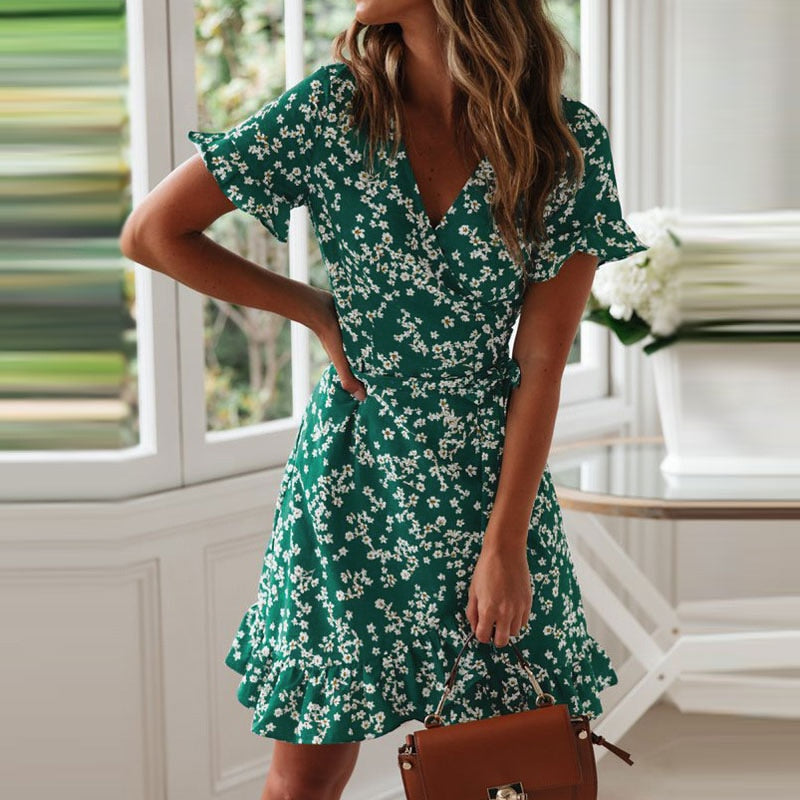 V Neck Floral Print Boho Beach Ruffle Short Sleeve A Line Mini Wrap Sundress Robe Summer Dress The Clothing Company Sydney