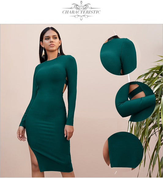 Winter Long Sleeve Green Runway Bandage Hollow Out Backless Club Celebrity Evening Party Dresses The Clothing Company Sydney