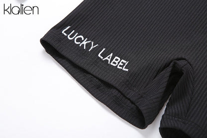 Casual streetwear black spring summer print letter skinny playsuit elastic yoga fitness sportwear playsuit The Clothing Company Sydney