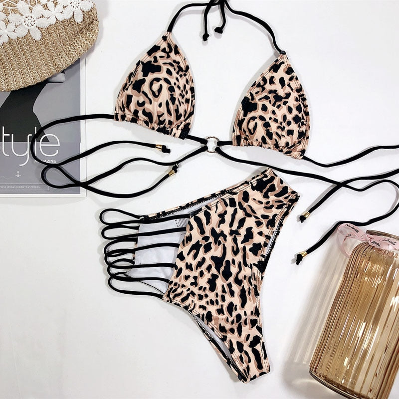 High Waist Swimsuit Leopard Print Swimwear Bathing String Bikini Set Hollow Out Swimsuit Swimming Suit The Clothing Company Sydney