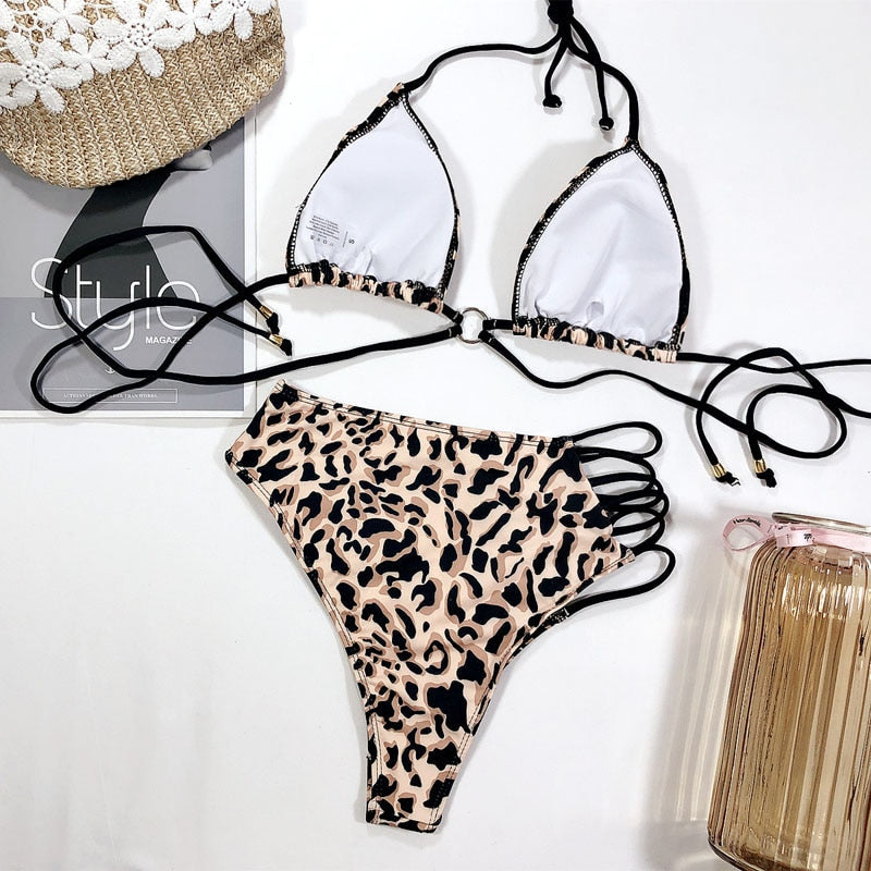 High Waist Swimsuit Leopard Print Swimwear Bathing String Bikini Set Hollow Out Swimsuit Swimming Suit The Clothing Company Sydney