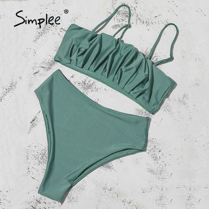 Bandeau push up swimsuit solid Ruffle bikini set High waist swimwear Sport bathing suit Vintage beachwear The Clothing Company Sydney