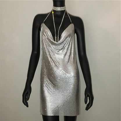 Deep v neck halter split sequined dress women solid backless rhinestone chain party metal dress The Clothing Company Sydney
