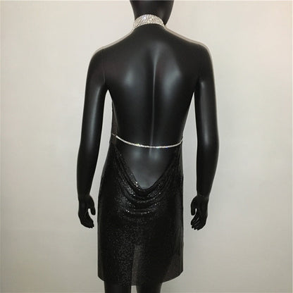 Deep v neck halter split sequined dress women solid backless rhinestone chain party metal dress The Clothing Company Sydney