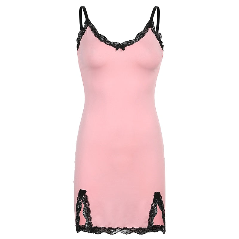 Aesthetic Lace Patchwork Pink Strap Bow Bodycon Summer Mini Side Split Sundress Dress The Clothing Company Sydney
