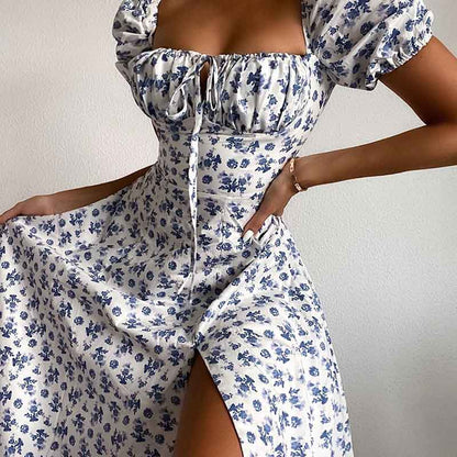 Summer Floral Print Party Long Dresses Puff Short Sleeve Elegant Club Chic Maxi Split Dresses The Clothing Company Sydney