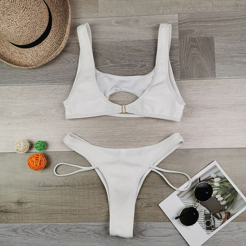 Hollow Out Swimsuit High Cut Swimwear Solid Fashion Bathing Suit Beach Wear Bikini Set The Clothing Company Sydney