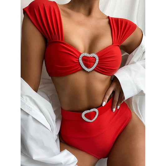 Black Red High Waist Bikini Solid Swimwear Swimsuit Push Up Bikini Ruffled Bathing Suits Summer Beach Wear Two Piece The Clothing Company Sydney