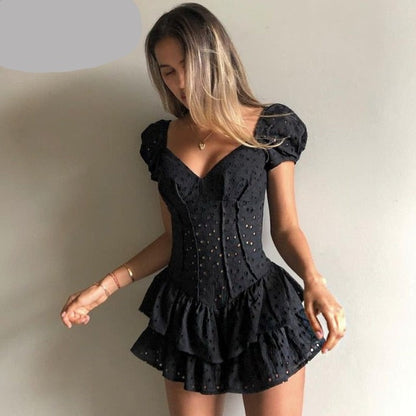 V Neck Ruffles Pleated Puff Sleeve Chic Black Summer Party Hollow Out Vintage Corset Dress The Clothing Company Sydney