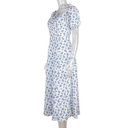 Summer Floral Print Party Long Dresses Puff Short Sleeve Elegant Club Chic Maxi Split Dresses The Clothing Company Sydney