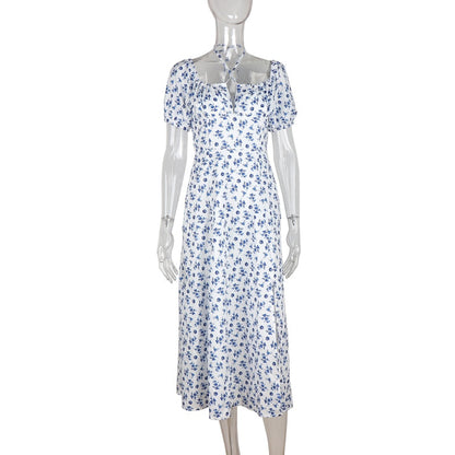 Summer Floral Print Party Long Dresses Puff Short Sleeve Elegant Club Chic Maxi Split Dresses The Clothing Company Sydney