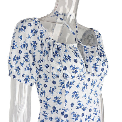 Summer Floral Print Party Long Dresses Puff Short Sleeve Elegant Club Chic Maxi Split Dresses The Clothing Company Sydney