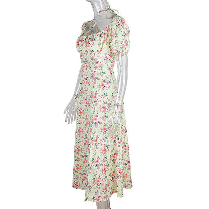 Summer Floral Print Party Long Dresses Puff Short Sleeve Elegant Club Chic Maxi Split Dresses The Clothing Company Sydney