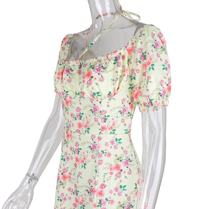 Summer Floral Print Party Long Dresses Puff Short Sleeve Elegant Club Chic Maxi Split Dresses The Clothing Company Sydney