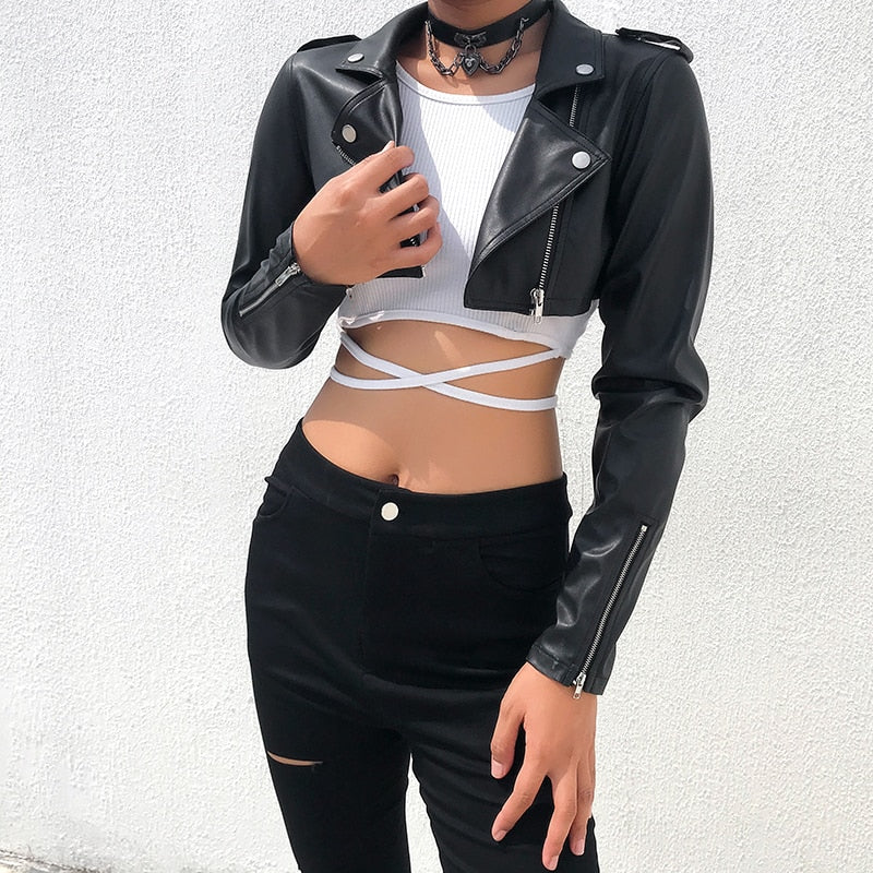 Street Motorcycle Faux Leather Womens Zipper Cropped Coat Outerwear Autumn Basic Jackets The Clothing Company Sydney