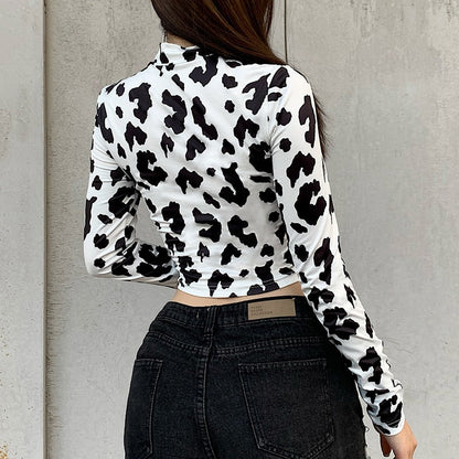 Cow Print Pattern Print Crop Top Long Sleeve Slim Fit Holiday Fashion Casual Short T Shirt Streetwear The Clothing Company Sydney