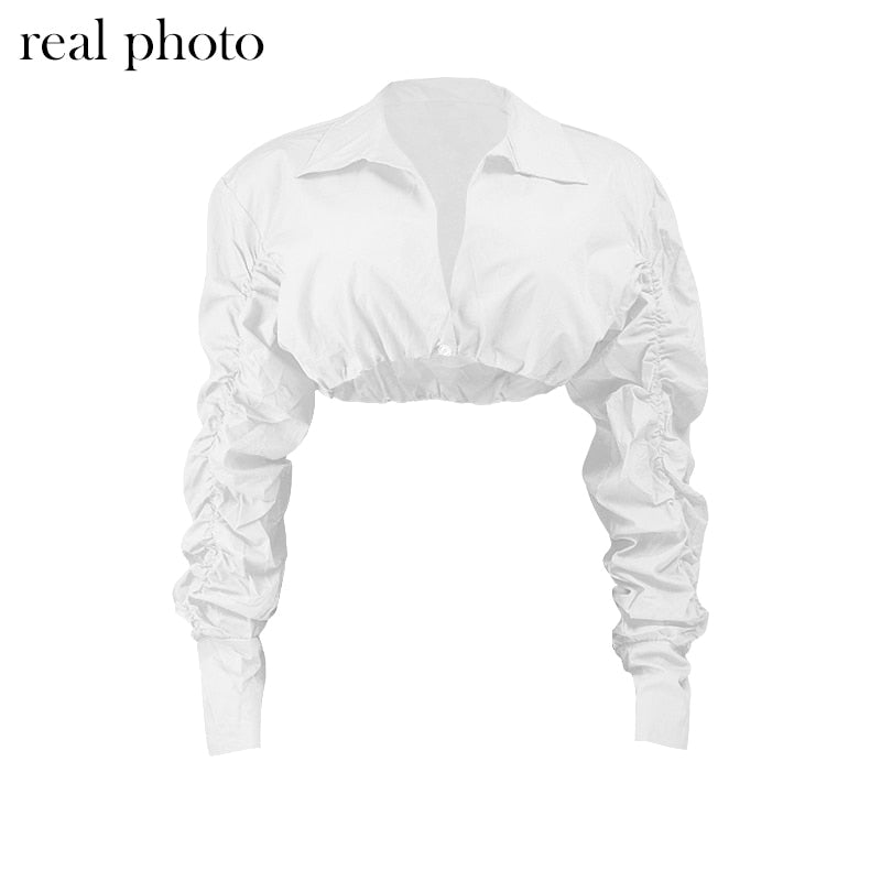 Button Ruched White Puff Sleeve Blouse Shirts Women's Long Sleeve Crop Blouses Solid Top The Clothing Company Sydney