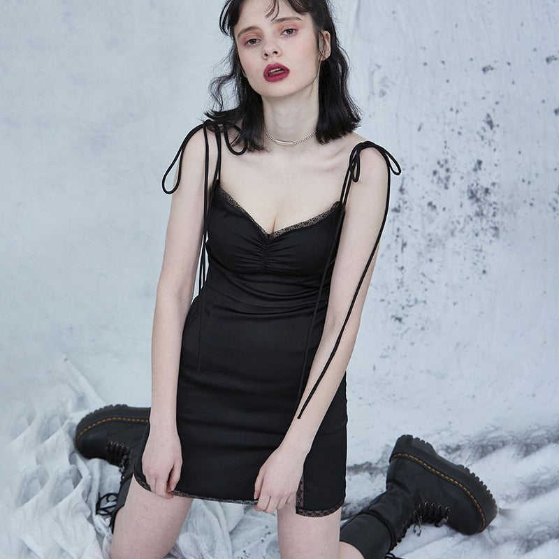 Strappy Satin Ruched Black Mini Lace Spliced Side Split Sundress Backless Dresse The Clothing Company Sydney