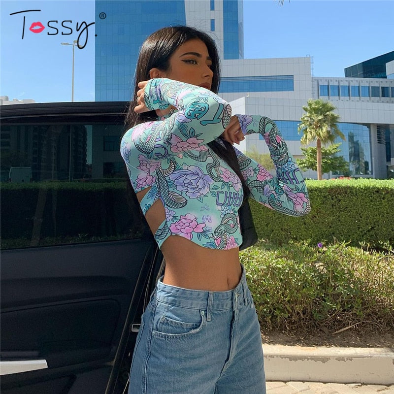Skinny Backless Floral Crop Top Printed Short Tee Vintage High Streetwear Bodycon Turtleneck Tshirts Summer Top The Clothing Company Sydney