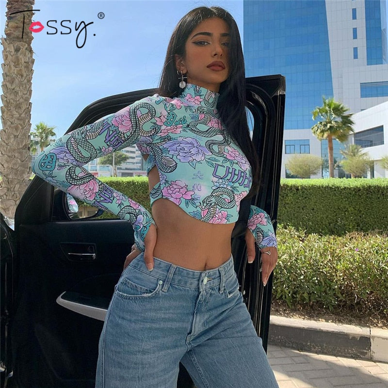 Skinny Backless Floral Crop Top Printed Short Tee Vintage High Streetwear Bodycon Turtleneck Tshirts Summer Top The Clothing Company Sydney